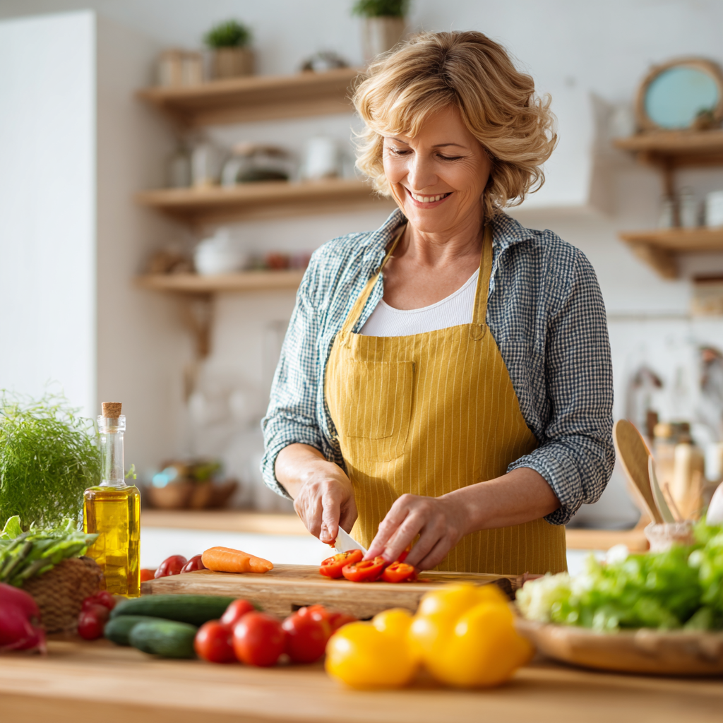 Smiling Ukrainian family of different ages enjoying colorful healthy meal together at dining table