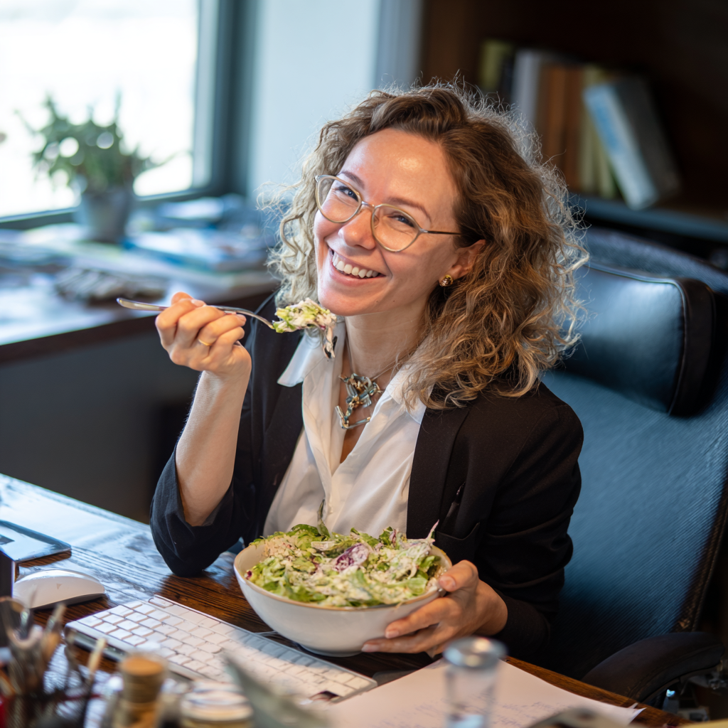 Happy older Ukrainian man measuring healthy portion of food on plate in bright kitchen setting